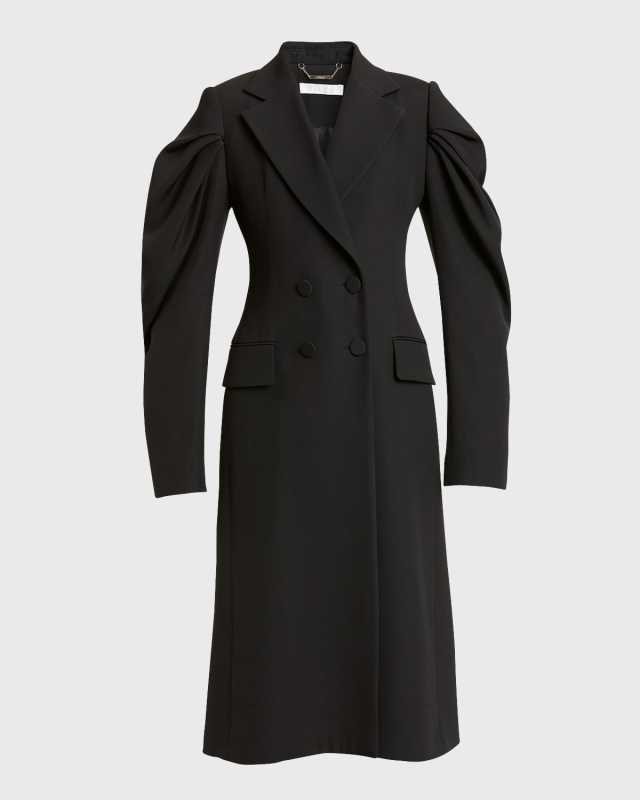 Draped Sleeve Double-Breasted Long Tailored Coat